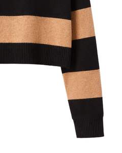 Customized Womens <b>Black</b> Brown Striped Cropped <b>Polo</b> Sweater Long Sleeve Soft Knit Pullover With Button Placket Casual Winter <b>Top</b> - Product Image 6