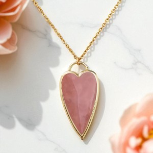 Rose Quartz Elongated Heart <b>Pendant</b> Charm <b>Necklace</b> - 925 <b>Silver</b> Gold Plated Handmade <b>Pendant</b> for Women - Product Image 1