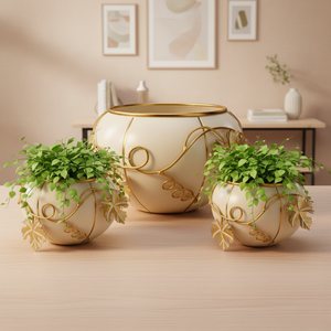 Ensemble de jardinières décoratives de luxe en métal blanc avec motif de feuilles dorées, pots ronds pour la décoration intérieure et extérieure de la maison et du jardin - Product Image 2