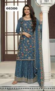 Heavy Chinon y bordado Multi Work Salwar Kameez Palazzo Suit para ocasiones especiales de India Export - Product Image 5