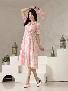 เดรสมิดิผ้าฝ้ายพิมพ์ลายดอกไม้สวมใส่สบายหรูหราพร้อมแขนสั้นคอวีและเข็มขัดสำหรับทุกวันและตอนเย็น - Product Image 2