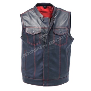 Gilet en cuir personnalisé pour homme, gilet de motard en cuir véritable pour homme avec surpiqûres rouges et doublure intérieure en polyester - Product Image 1
