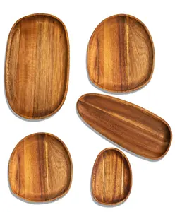 Acacia Wood Dinner Plates Wooden Trays Sets of 5 Easy Cleaning & Lightweight for Snacks Desserts Fruit Salads Unbreakable Oval