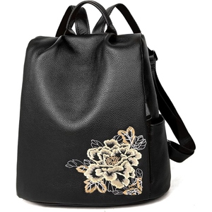 Women's Genuine Goat Leather Embroidered Backpack Durable Structure Travel <b>Office</b> School Everyday Bag - Product Image 1