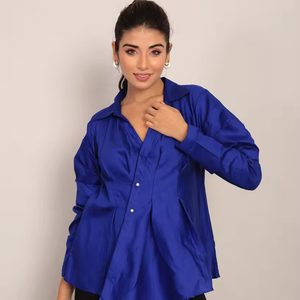 Blue Solid Summer Relaxed Top With Collar Neckline Full Sleeve Top Elegant Women Wholesale Summer Clothes Available <b>Big</b> Size - Product Image 1