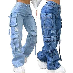 New Fashion Multi-pocket Washed Straight <b>Jeans</b> <b>Women</b> Y2K Vintage Hip Hop Mid <b>Waist</b> Casual 100% Cotton Winter Pant - Product Image 4