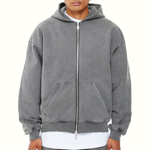 Sweats à capuche pour hommes 100% coton avec logo personnalisé, avec épaules tombantes, sweat à capuche à double fermeture éclair, pull oversize, sweat à capuche pour hommes lourds - Product Image 4