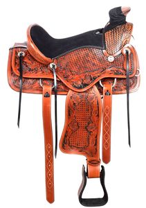 Selle Western bicolore de haute qualité en cuir véritable avec siège chaud dit à la main sculpture sangle en cuir brut - Product Image 3