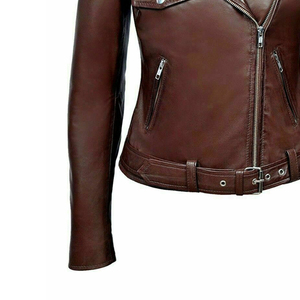 2025 venta al por mayor de chaqueta de motorista con cremallera de cuero tachonado para mujer, nuevas chaquetas de cuero genuino ajustadas para motocicleta - Product Image 5