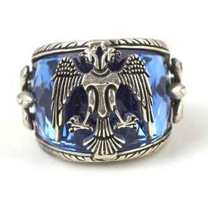 925 Sterling <b>Silver</b> Handmade Ottoman Eagle <b>Men</b>’s <b>Ring</b> with Aquamarine Color Stone | Turkish Jewelry - Product Image 3