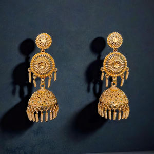 Juego de pendientes de diseño moderno con pendientes de estilo Jhumka chapados en oro de 22 quilates, joyería para mujer, ropa de exportadores - Product Image 1