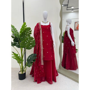 Jimi Choo Premium Thread & Sequence Work Bollywood Style Kurti Plazo Dupatta Set M a XXL Tamaños para fiestas - Product Image 1