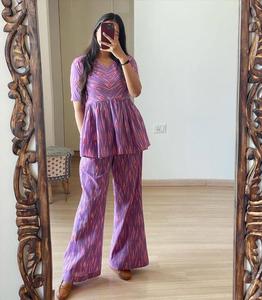 Designer New Coord Set Top en coton mousseline lourde imprimée de bonne qualité avec plazzo en mousseline de coton imprimé (entièrement cousu) - Product Image 4