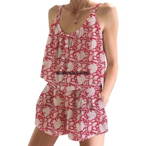Conjunto de Pijama Corto con Estampado de Bloques Suaves para Mujer, Pijama Largo para Primavera/Verano, Floral, Ajustado, con Tirantes, sin Mangas - Product Image 5