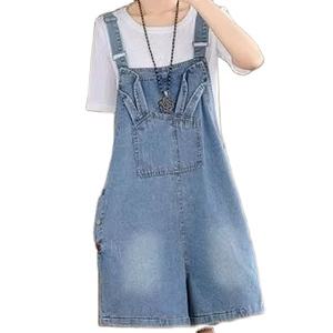 Denim High Quality <b>Short</b> <b>Dungaree</b> for Women Light Wash Distressed Vintage Effortless Style Bib Overall Button Printed Trendy - Product Image 4