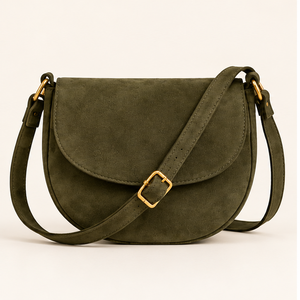 Sac bandoulière en daim véritable pour femme, modèle selle, olive, logo personnalisé, OEM ODM, vente en gros, fermeture à rabat, quincaillerie or/argent, collection 2026 - Product Image 1