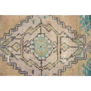 พรมขนสัตว์ตุรกีทำด้วยมือสีเบจ1.2 x 2.8ft แบบดั้งเดิมงานเย็บปะสี่เหลี่ยมผืนผ้าลายทางสำหรับห้องนั่งเล่นลาเท็กซ์ด้านหลัง - Product Image 5