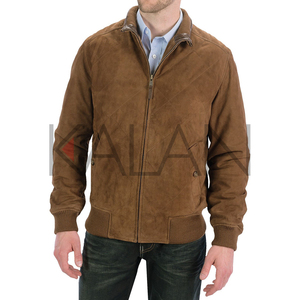 High Quality Cow Skin <b>Suede</b> Leather <b>Jacket</b> KLJM10 Canvas Fabric Stand Collar Diamond Stitches <b>Men's</b> Spring Breathable Windproof - Product Image 1
