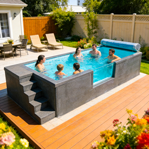 สระว่ายน้ำไฟเบอร์กลาสกลางแจ้งสุดหรู ทนทานต่อรังสียูวีและการกัดกร่อน สีสั่งทำได้ พร้อมติดตั้งในตู้คอนเทนเนอร์ขนาด 20 ฟุต/40 ฟุต - Product Image 1