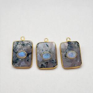 Pendentif lunette en Labradorite bleue naturelle en argent plaqué or Double pierre breloques en tranches faites à la main bijoux en argent fournitures en gros - Product Image 3