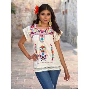 Tunique à manches courtes pour femmes, noire, à fleurs brodées, style ethnique bohème, chemisier décontracté, haut en coton d'été - Product Image 4