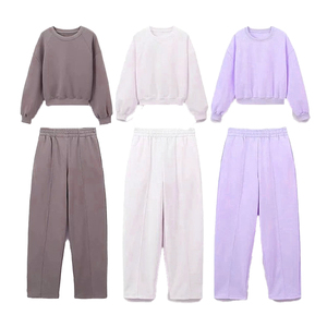 Survêtement pour femme en coton 100% surdimensionné, sweat-shirt à col rond, pantalon, col à capuche, motif uni, polaire épais 350 g/m² pour l'hiver - Product Image 6