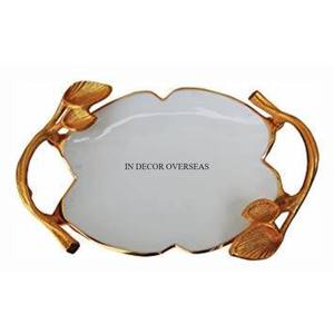 Oval Shape Heavy Duty Metal Hammered Texture Silver Finishing Shiny <b>Mirror</b> Polished <b>Tray</b> <b>With</b> Gold Plated Leaves Design Handle - Product Image 3