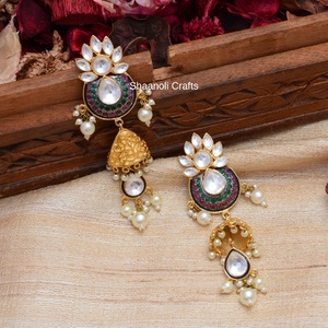 Boucles d'oreilles plaquées or Kundan, cadeaux de fête, pendentifs multicolores, bohème, filles, femmes, mariage, fiançailles, avec perle et diamant - Product Image 1