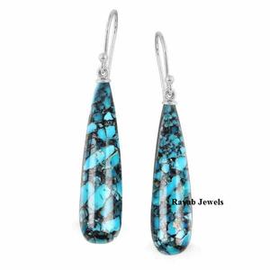 Tibetan Kingman Turquoise Top Grade Gemstone <b>Silver</b> Jewelry Supplier Exporter Genuine Drop Shape 9x30mm Sterling <b>Dangle</b> <b>Earring</b> - Product Image 1