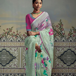 El último diseñador de tejido satinado Organza Seda Impreso Trabajo Saree - Product Image 1