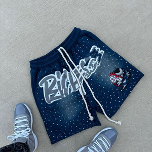 Streetwear brodé à impression bouffante personnalisée Short de survêtement vintage délavé à l'acide avec cordon de serrage en détresse et strass - Product Image 3