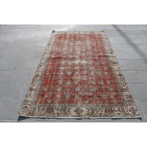 Alfombra Turca Vintage, Alfombra de 4.7x8 pies, Alfombra Roja con Rayas - Product Image 1