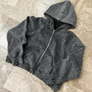 Fabricante personalizado Rhinestone Boxy Cropped Men Diamond 420gsm Heavyweight Acid Wash Zip up Hoodie - Product Image 2