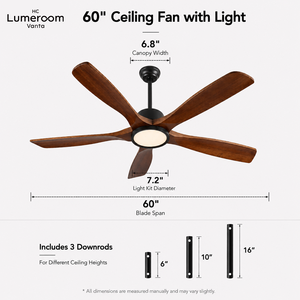 USA In Stock 60 Inch Wood <b>Ceiling</b> <b>Fan</b> <b>with</b> Light Downrod Mount <b>Remote</b> Control Quiet Reversible DC Motor - Product Image 3