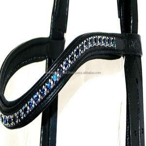 Bandeau de tête pour cheval en cuir épais avec rembourrage doux en cuir de vache, cousu et décoré de cristaux de 6 mm, bleu marine foncé, bandeau de tête brillant - Product Image 4