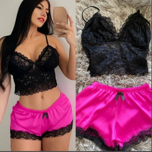 Conjunto de lencería de 2 piezas de encaje de microfibra de bambú transpirable para mujer, camisola elegante con cintura elástica, pantalones cortos, Camisón con lazo en la parte delantera - Product Image 4
