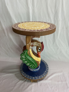 Handcrafted Rajasthani Hand-Painted Wooden Round Stool Decorative Side Table Peacock Face Natual Finish Color Full Nighstand - Product Image 1