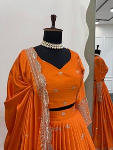 High Quality <b>Satin</b> Silk Stitched Lehenga Choli Thread Sequences Unstitched <b>Blouse</b> Floor-Length Regular Fit for Party Wedding - Product Image 5