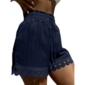 Shorts de Verano para Mujer, Cintura Alta, Algodón Texturizado, con Cordón Ajustable, Estilo Casual, para Playa, con Ribete de Encaje Festoneado, Corte Holgado, Ligeros - Product Image 4