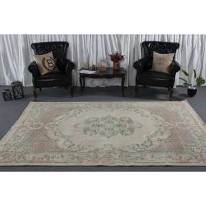 Alfombra turca clásica Vintage Beige verde 6,2x9,4 pies lana hecha a mano con respaldo de látex patrón de retazos Rectangular para cabecera - Product Image 3