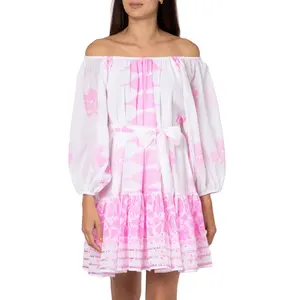 Summer Cotton Fuchsia Print Off Shoulder Three Quarter Sleeve Designer Boho Party Dress For Women