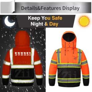 เสื้อแจ็คเก็ตนิรภัยสะท้อนแสง ANSI Class 1 สำหรับฤดูหนาว เหมาะสำหรับวิศวกรก่อสร้าง แบบ Softshell มีฮู้ด สีดำ  พร้อมโลโก้สั่งทำพิเศษ ไฟ LED กระพริบ - Product Image 5