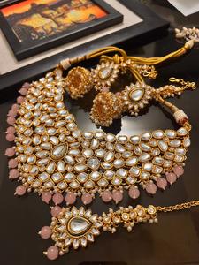 Ensemble de bijoux en acier inoxydable plaqué argent ethnique indien pakistanais classique élégant avec cristal traditionnel Kundan Meenakari - Product Image 4