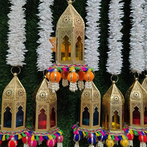 Handmade Mughal Style Metal Lantern with Jasmine Rose Garland Hanging Floral Lantern Diwali Eid Ramadan Wedding Stage Backdrop - Product Image 1