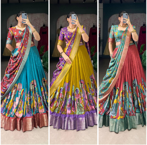 Lehenga choli สีฟ้าสดใสสำหรับงานเลี้ยงเจ้าสาวงานปาร์ตี้สาวๆพิมพ์ลายคาลามารีแบบดั้งเดิมของผู้หญิง - Product Image 6