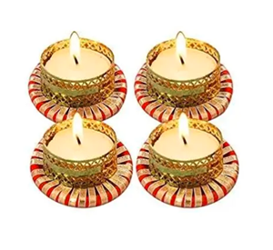 Portavelas multicolor para Diwali Pooja y decoración del hogar, hermoso diseño con Gota Patti HECHO DE Metal - Product Image 1