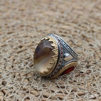 Bague de mariage vintage pour homme en argent sterling 925 plaqué rhodium, agate orange soleil, bijoux de luxe personnalisés, édition limitée pour les fêtes