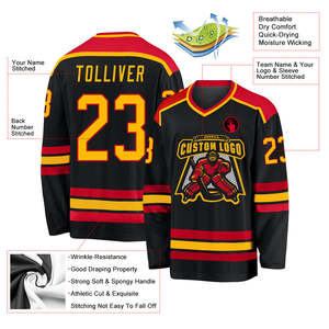 Jersey de Hockey sobre Hielo para Hombre, Negro y Rojo, de Secado Rápido, Ligero, de Poliéster, Personalizable, Directo de Fábrica - Product Image 4