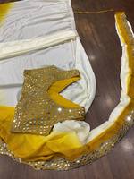 Sari Amarillo de Una Pieza para Mujer, Colección Tradicional de Seda para Verano/Invierno, con Bordado y Encaje, Sin Arrugas, Protección Solar