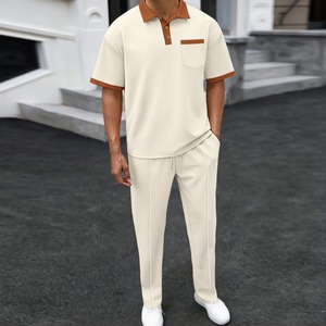 2025 summer new men's solid color Waffle collar casual pocket polo <b>short</b> <b>sleeve</b> pants suit - Product Image 4